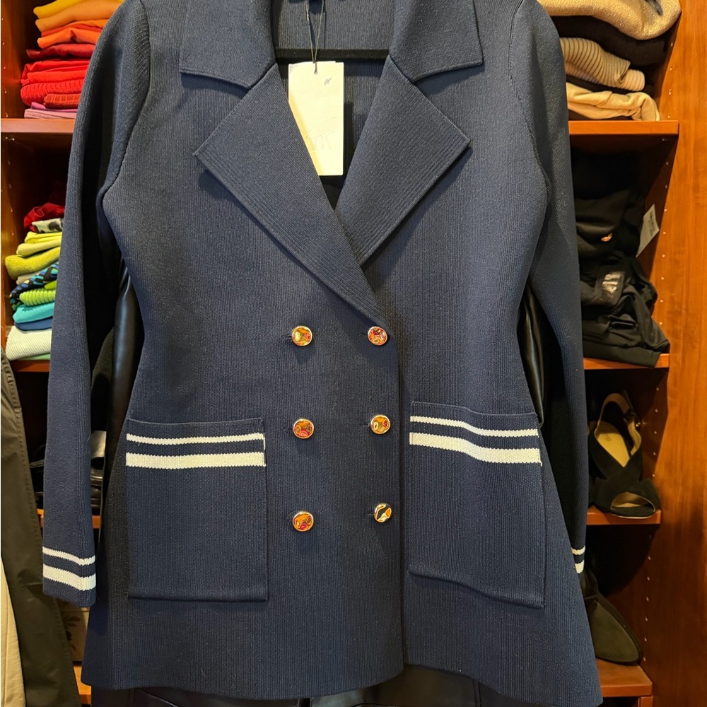Zara Navy Knit Double-Breasted Blazer with Cream Stripe Trim